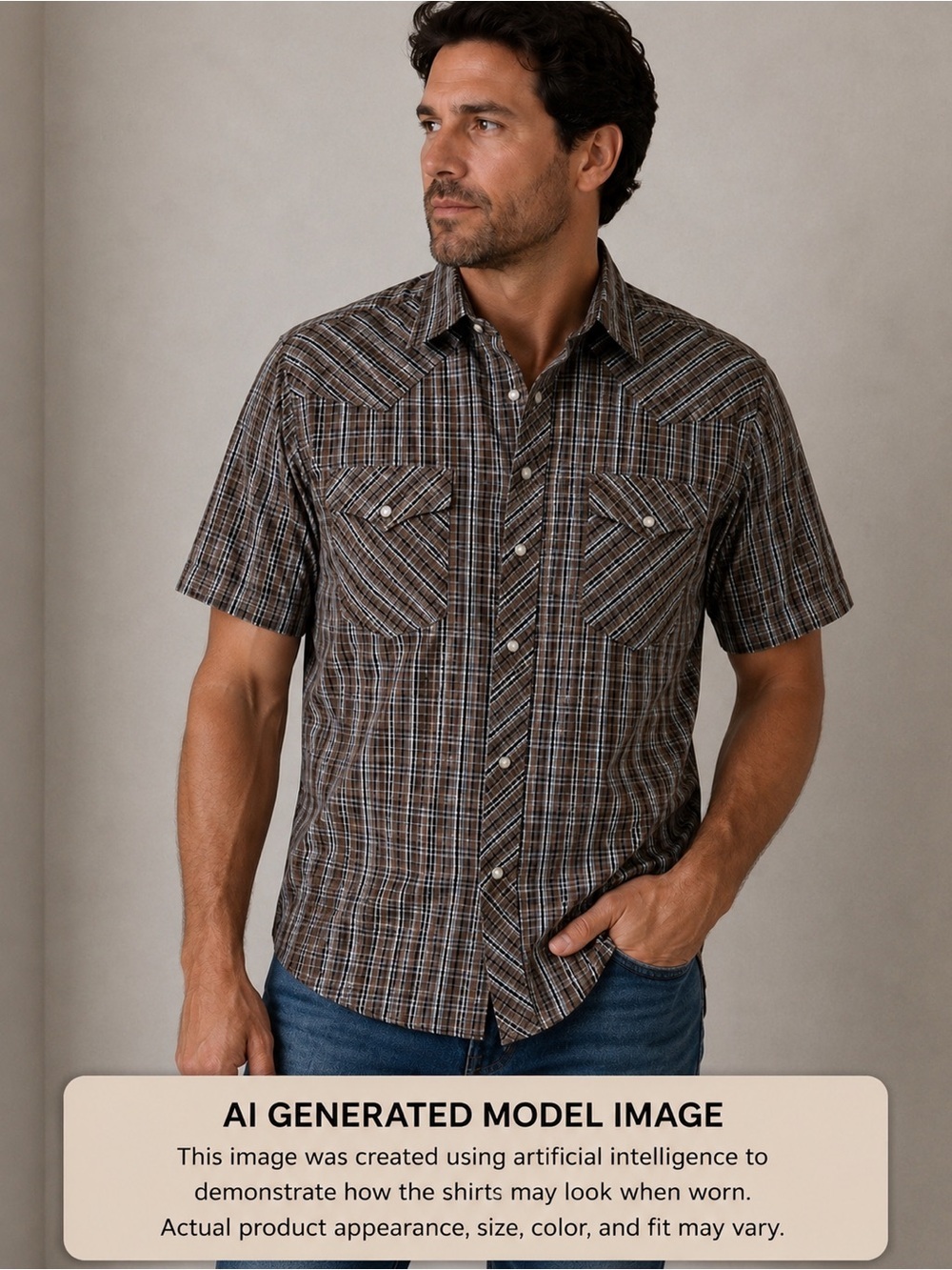 Wrangler Western Mens Shirt Plaid Brown Gray Casual Short Sleeve Pearl Snap